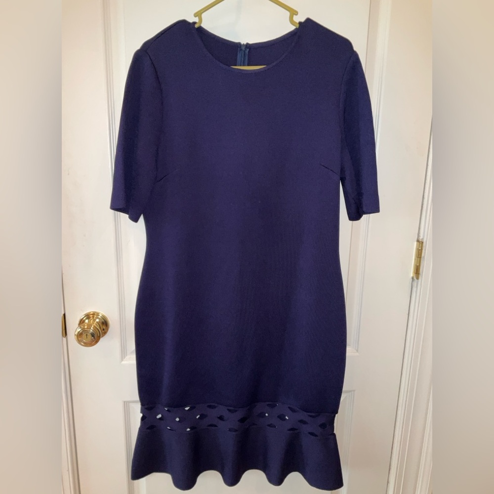 ST. JOHN Sheath Dress, 10, Short Sleeves, Back Hidden Zip, Cutout Ruffle Hem-EUC